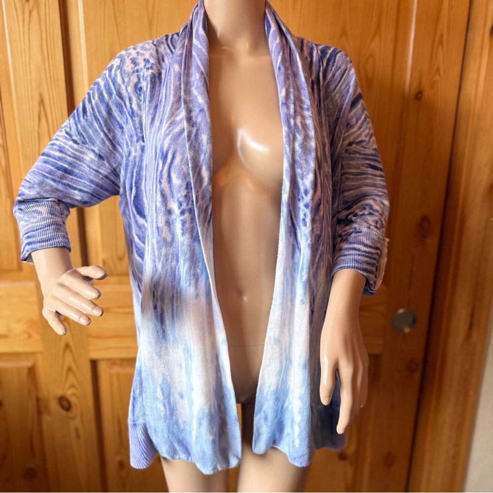 Chicos L Sweater Open Cardigan Top Blue White Long Sleeve Cotton Blend